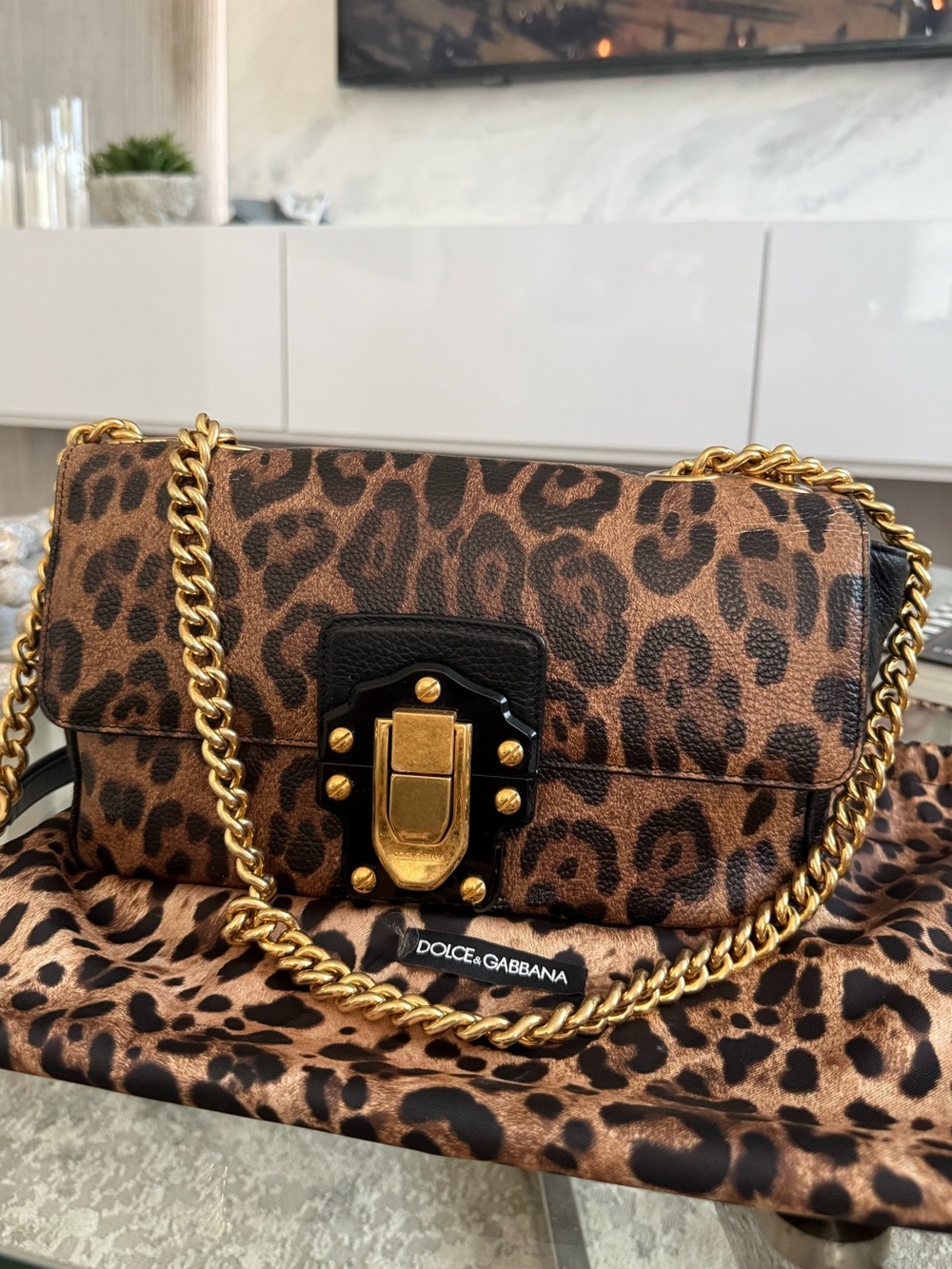 Dolce & Gabbana Lucia Leopard-Print Shoulder Bag with Gold Chain